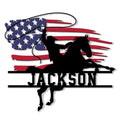 Custom cowboy metal sign featuring a rider on a bucking horse over a distressed American flag