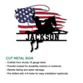 Cowboy riding horse metal sign shown with product construction and installation feature details