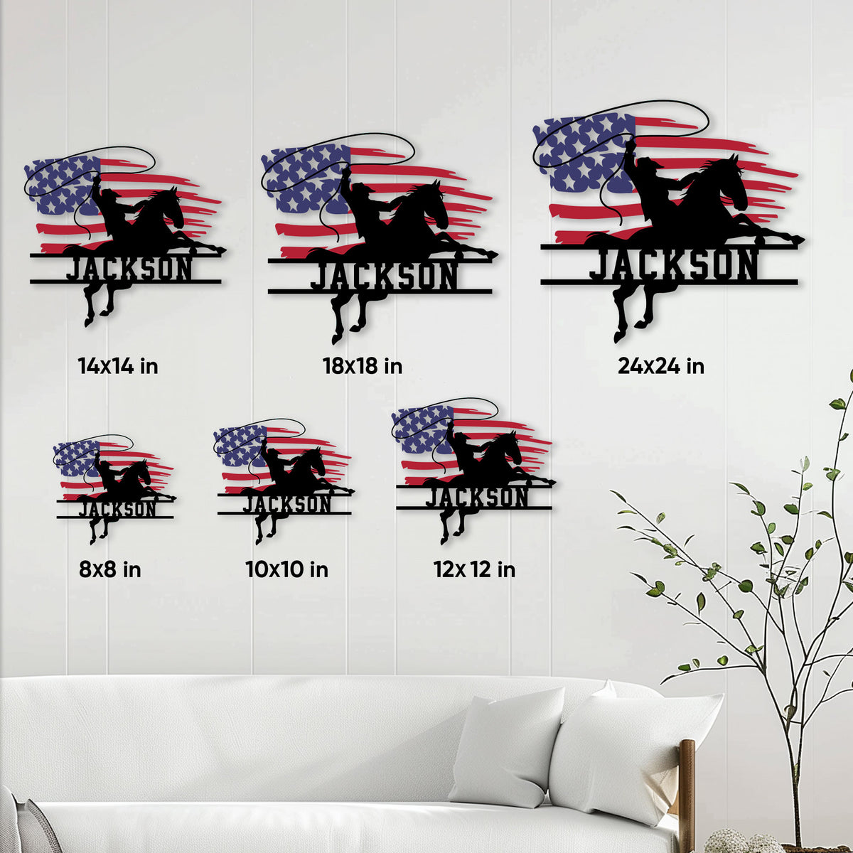 Cowboy horse metal sign shown in multiple size options above a living room sofa