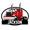 Red semi truck metal sign with twin exhaust stacks and bold black oval trucker emblem