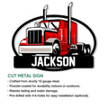 Cut metal trucker sign featuring a bright red semi truck and bold graphic styling