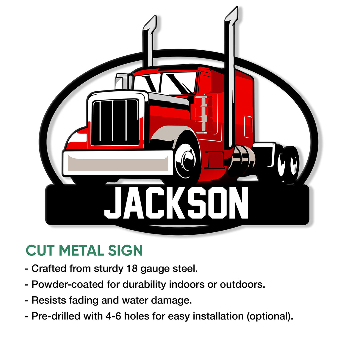 Cut metal trucker sign featuring a bright red semi truck and bold graphic styling