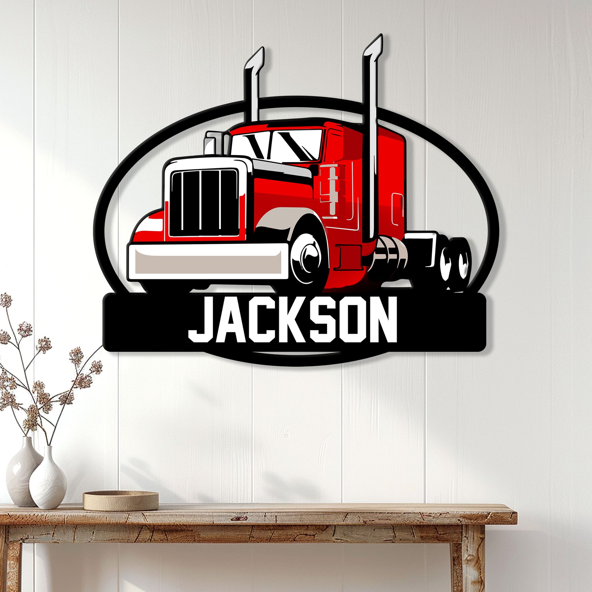 Red semi truck wall sign displayed as trucker decor above a rustic wood console
