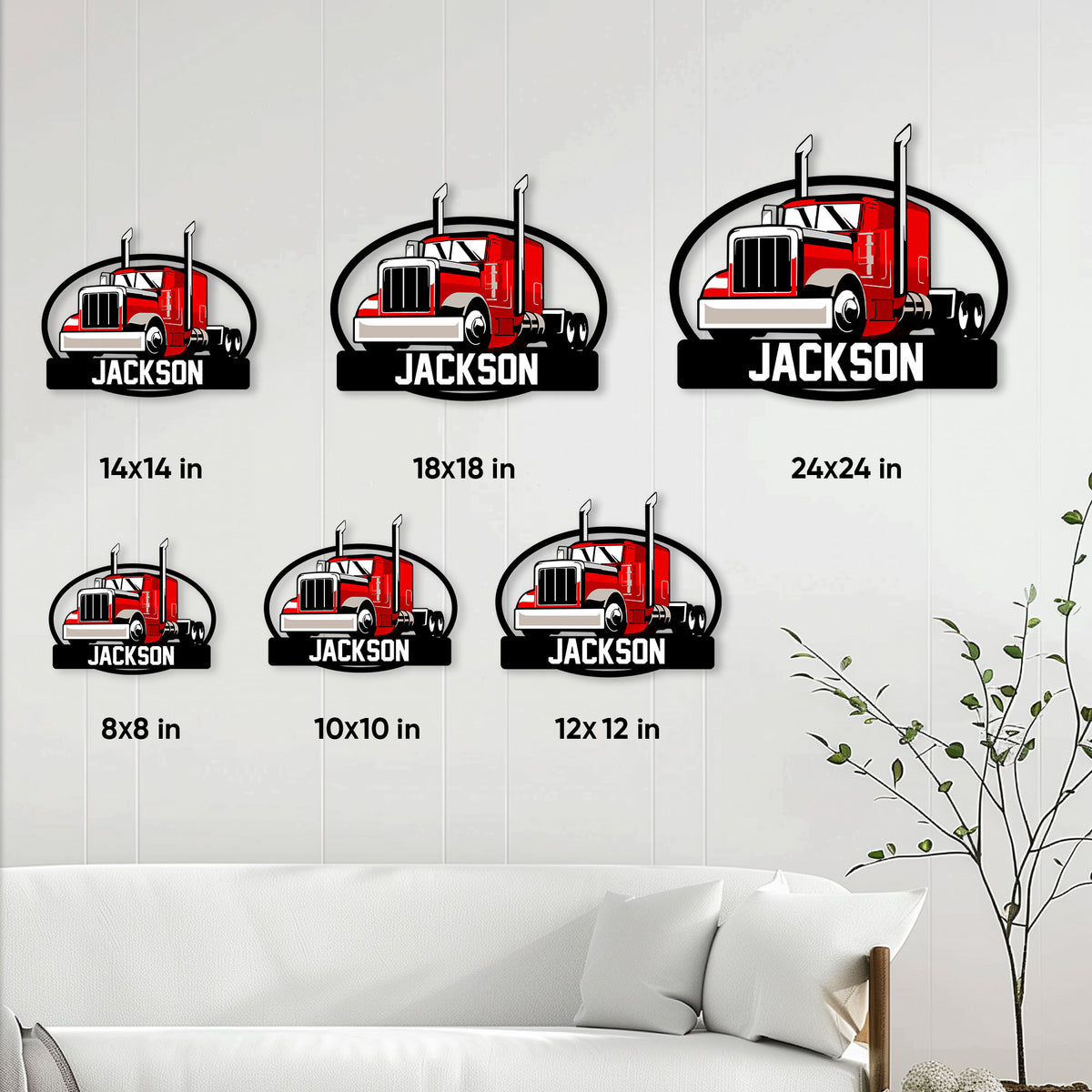 Semi truck metal sign size guide showing six available square dimensions from 8 to 24 inches