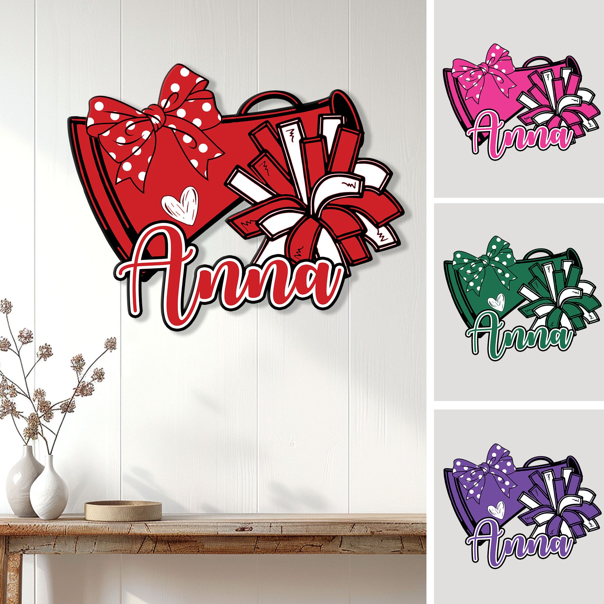 Custom cheerleading metal sign with a large bow, megaphones, heart accent, and multiple color options