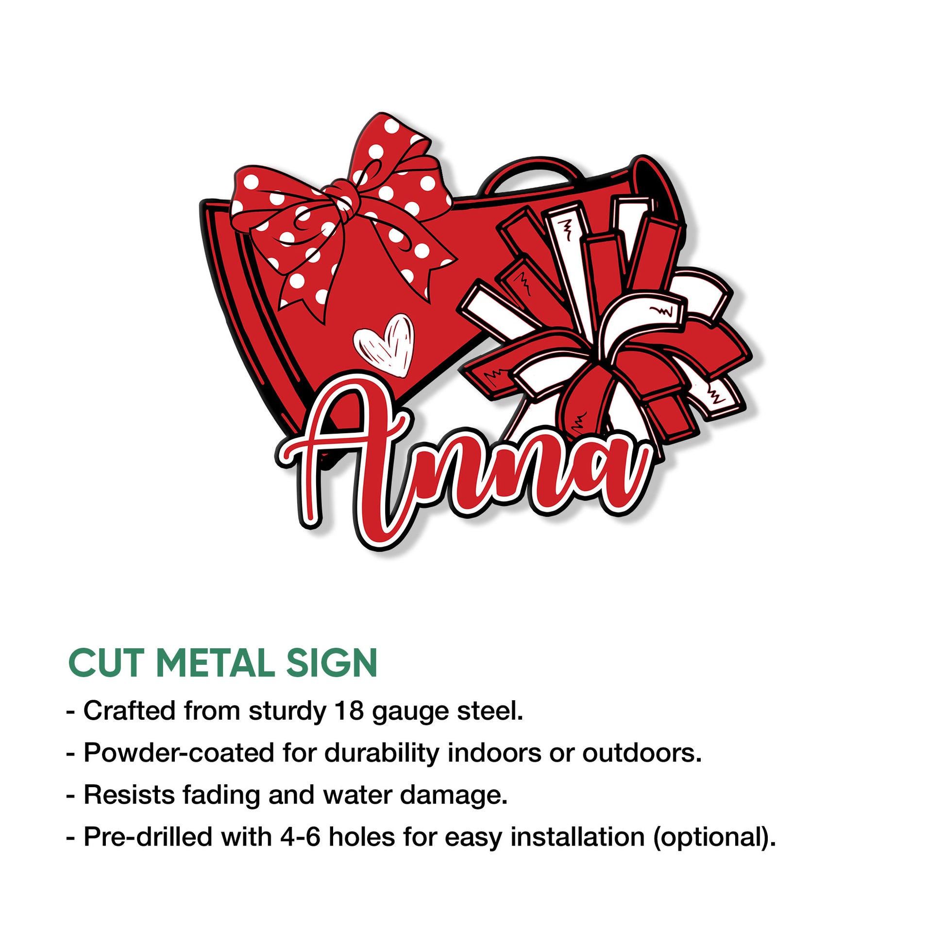 Cheerleading metal sign featuring crossed megaphones, a polka dot bow, heart detail, and bold script design