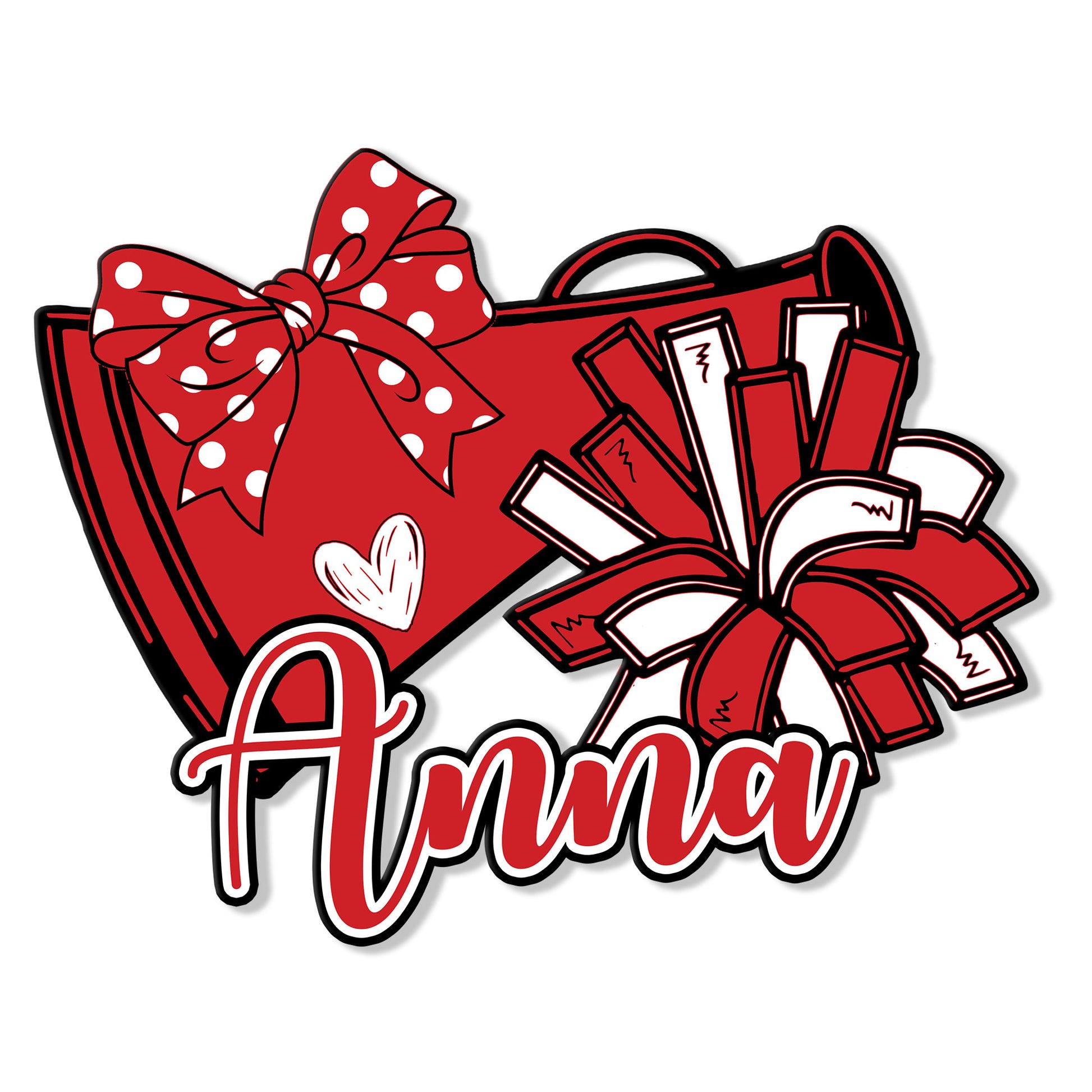 Close-up of a cheerleading wall sign with oversized bow, crossed megaphones, heart accent, and graphic outlines