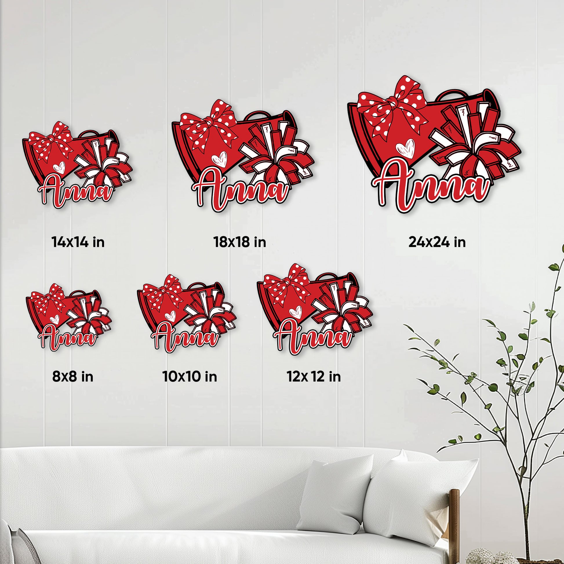 Cheerleading metal sign size guide showing six available square sizes in a bright wall decor setting