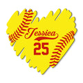 Custom softball glove-shaped metal sign with bold red stitching and bright yellow artwork