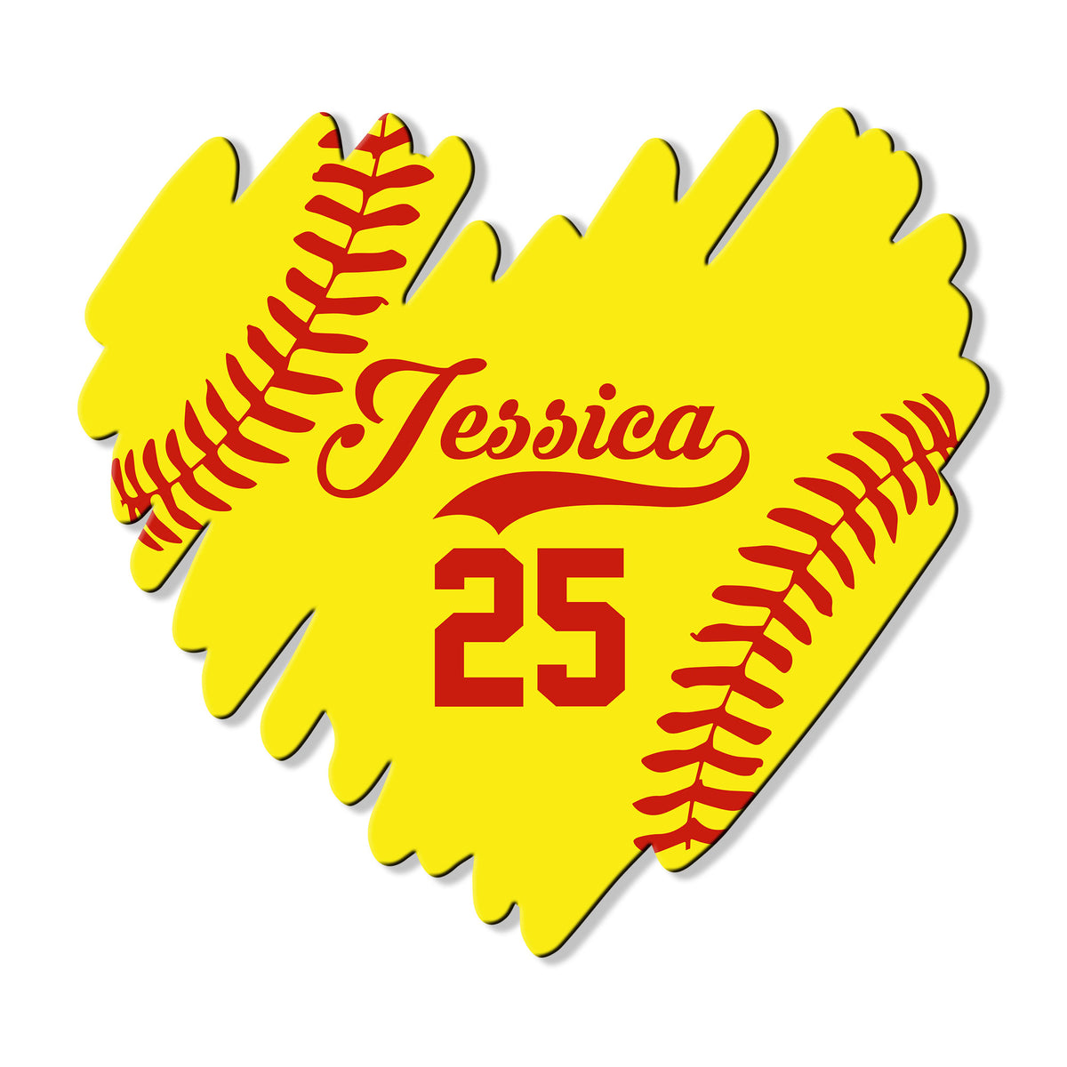 Custom softball glove-shaped metal sign with bold red stitching and bright yellow artwork