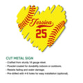 Softball glove-shaped cut metal sign shown with product feature information