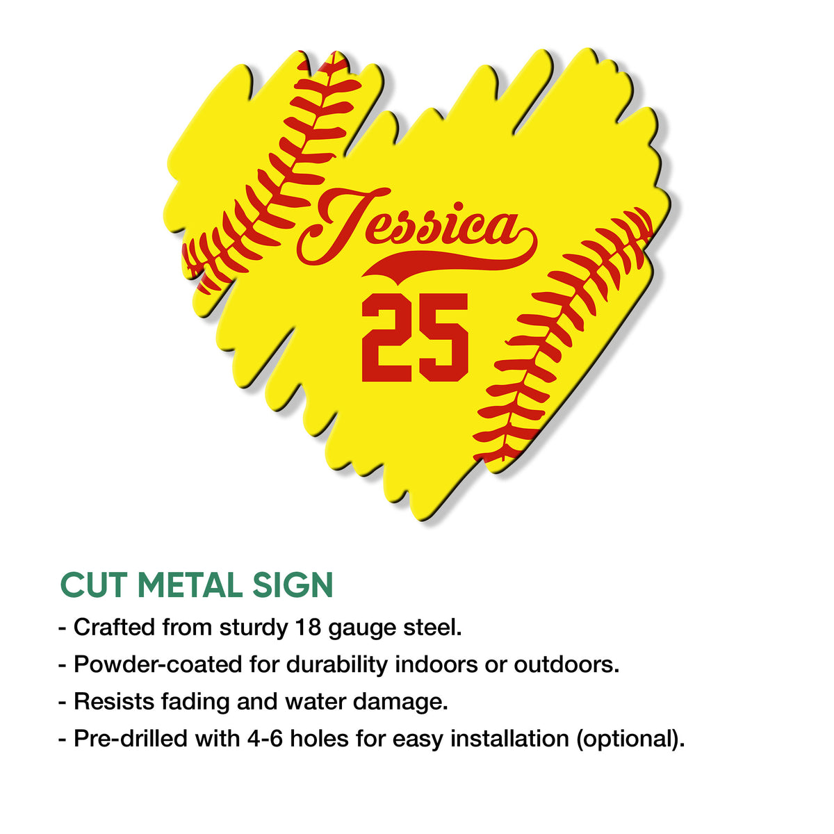 Softball glove-shaped cut metal sign shown with product feature information