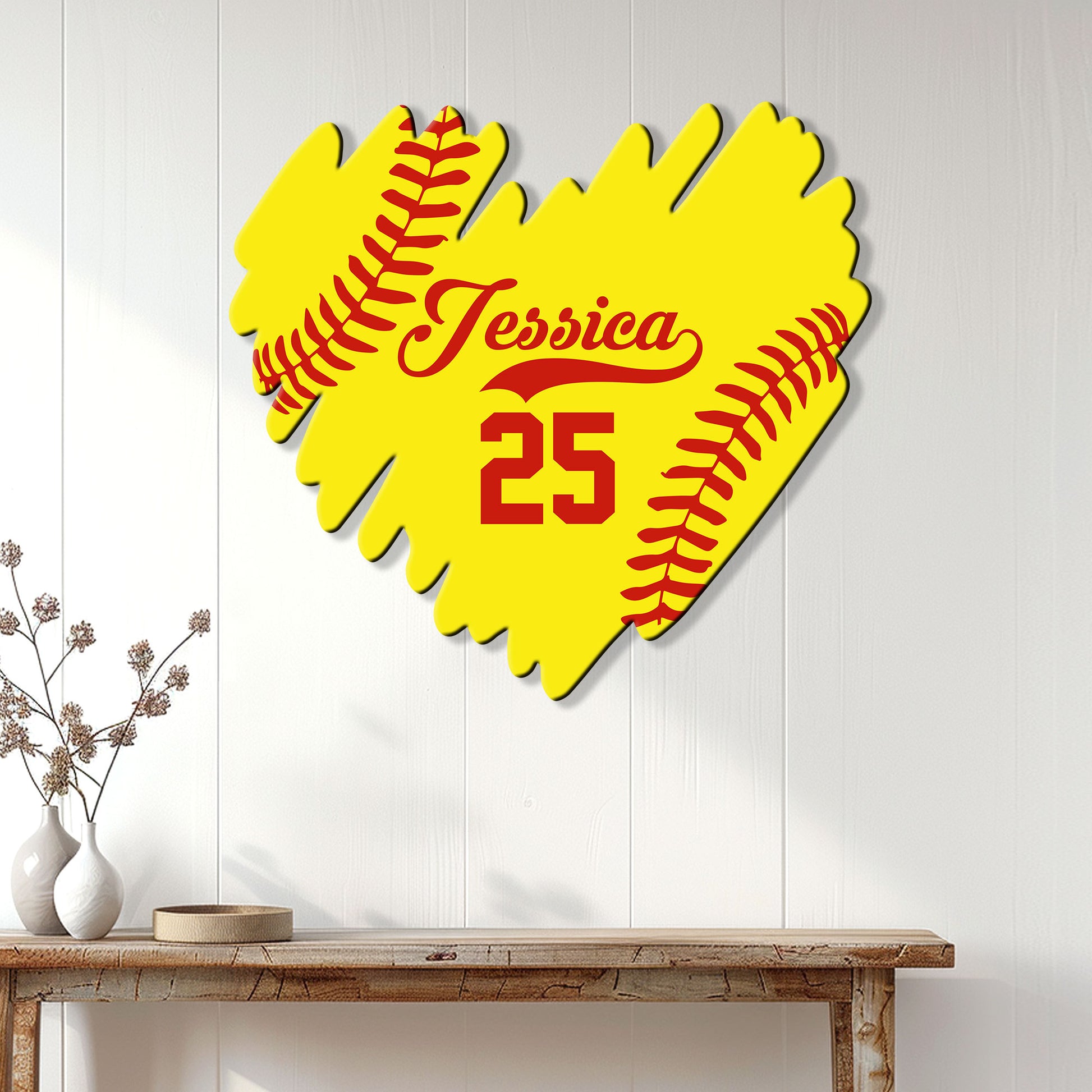 Softball glove metal sign displayed on a white paneled wall in a home setting
