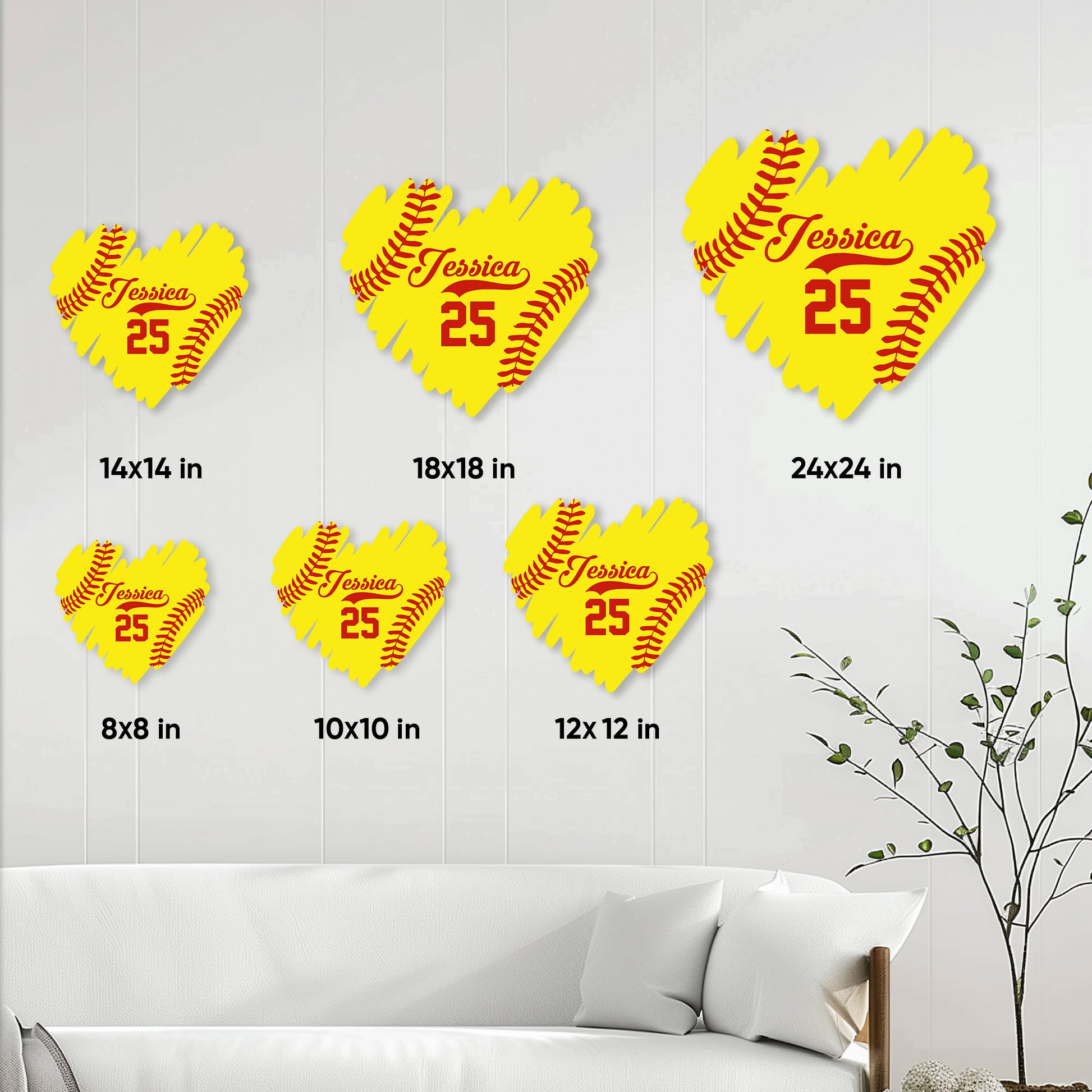 Softball glove-shaped metal sign size guide showing multiple available size options