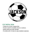 Soccer ball metal sign feature graphic showing the cut-metal design and indoor or outdoor display use