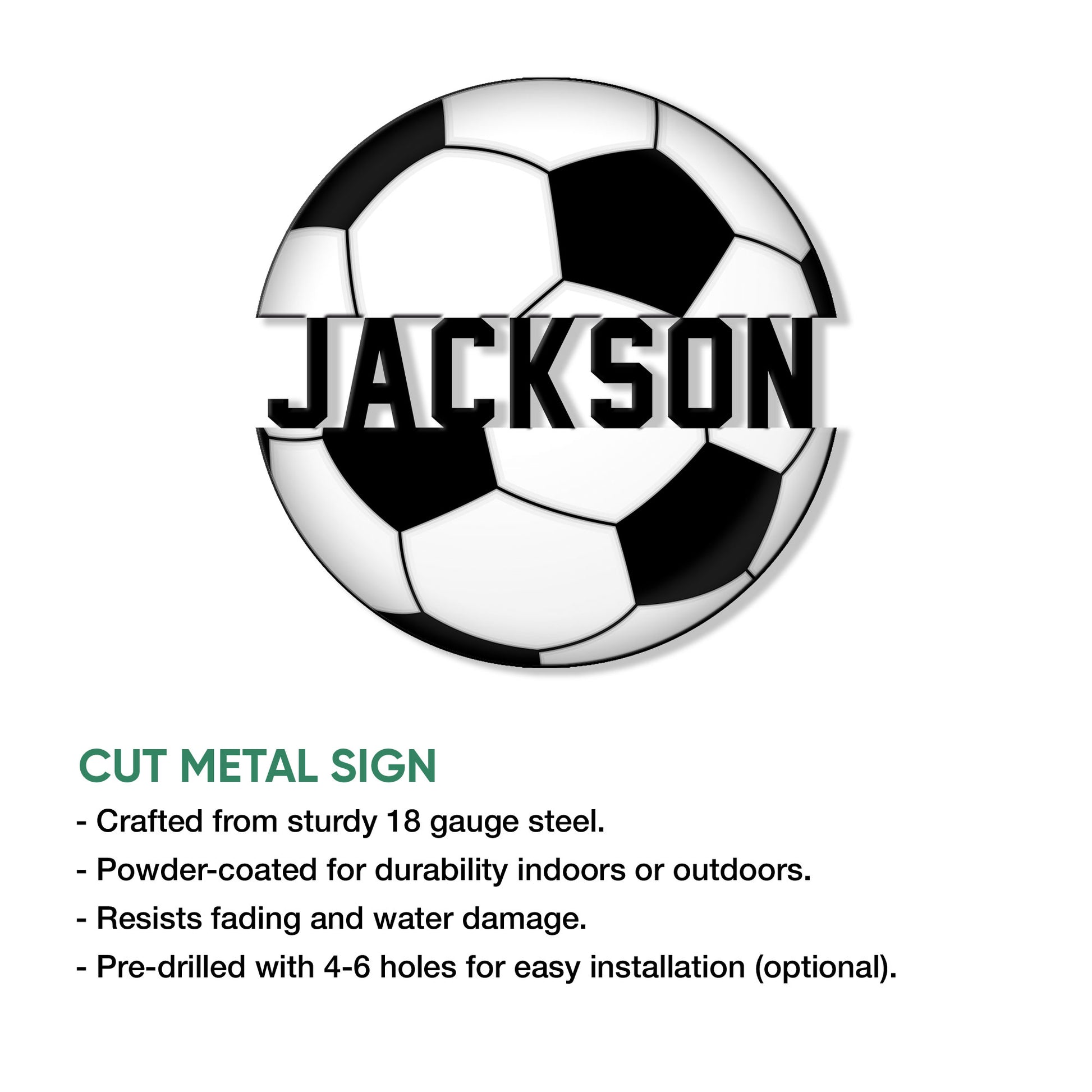 Soccer ball metal sign feature graphic showing the cut-metal design and indoor or outdoor display use