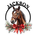 Custom horse metal sign featuring a detailed brown horse portrait, evergreen branches, red berries, and a holiday bow