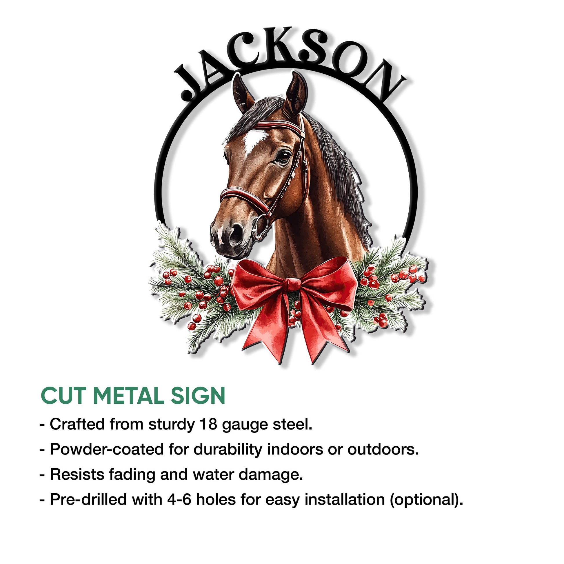 Horse metal sign feature graphic showing the holiday equestrian design and cut metal sign details