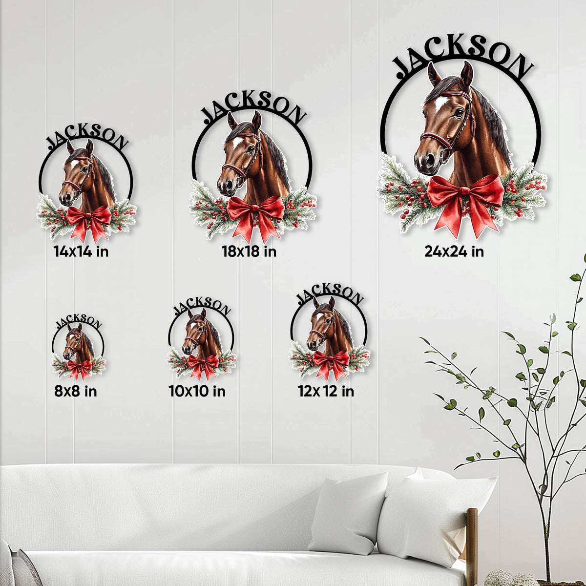 Horse metal sign size guide showing multiple available square size options in a living room setting