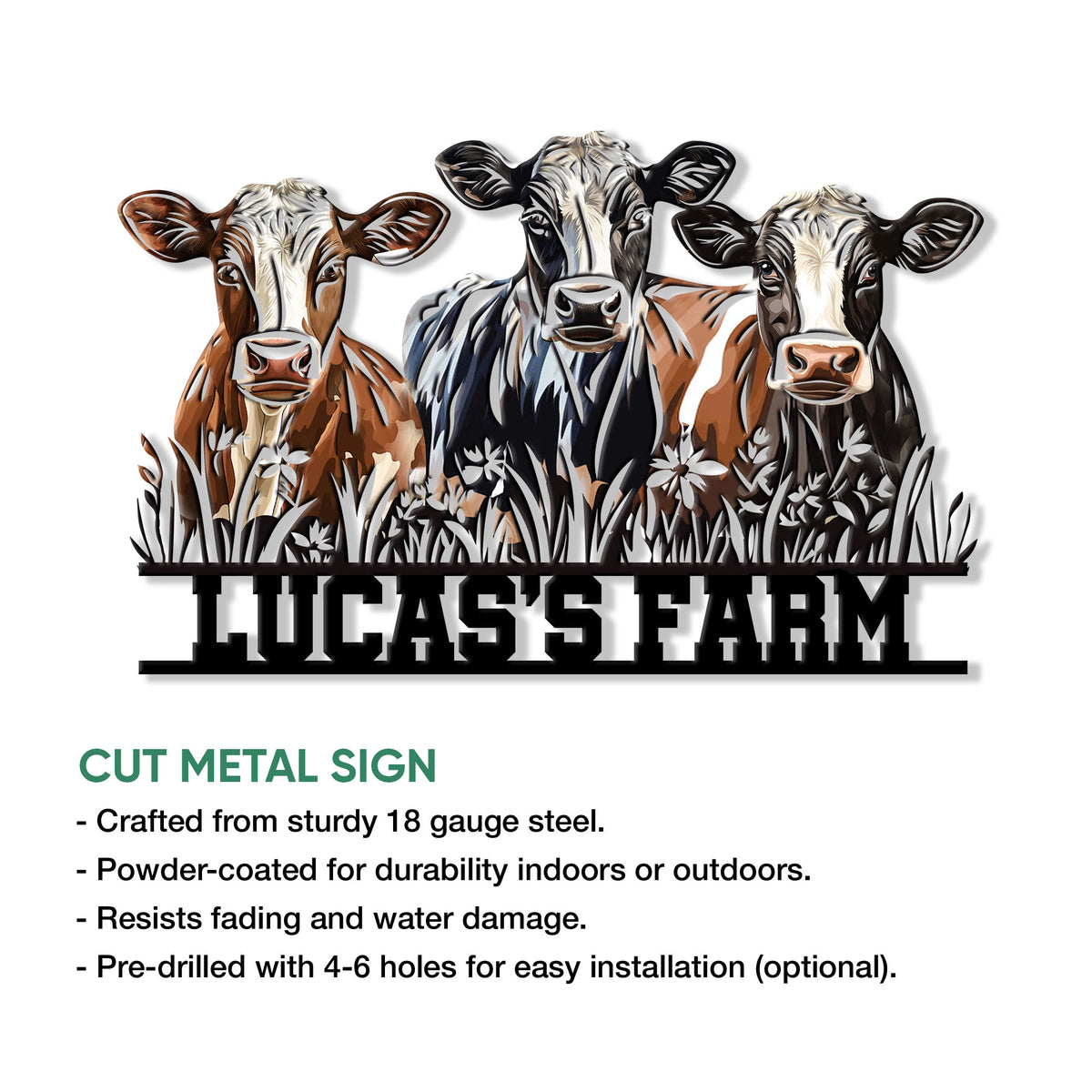Three detailed cow portraits on a cut metal farm sign, shown with product feature information