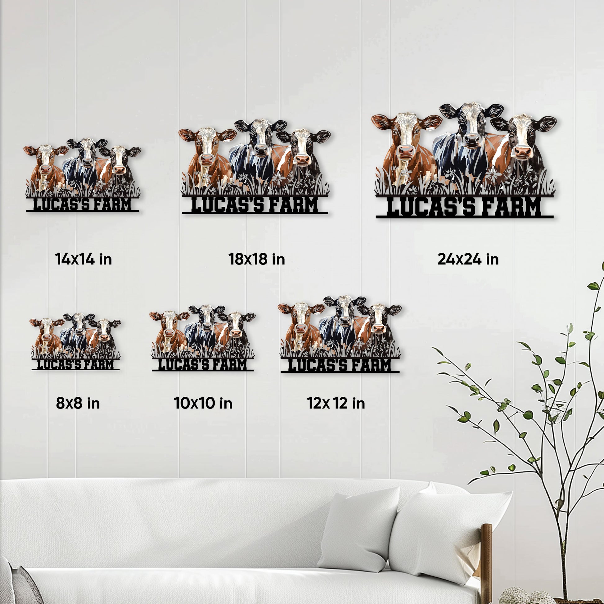 Cow farm metal sign shown in multiple size options against a bright home interior wall