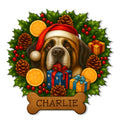 Custom Saint Bernard metal sign featuring a festive dog in a Santa hat, surrounded by holly, gifts, oranges, and pinecones