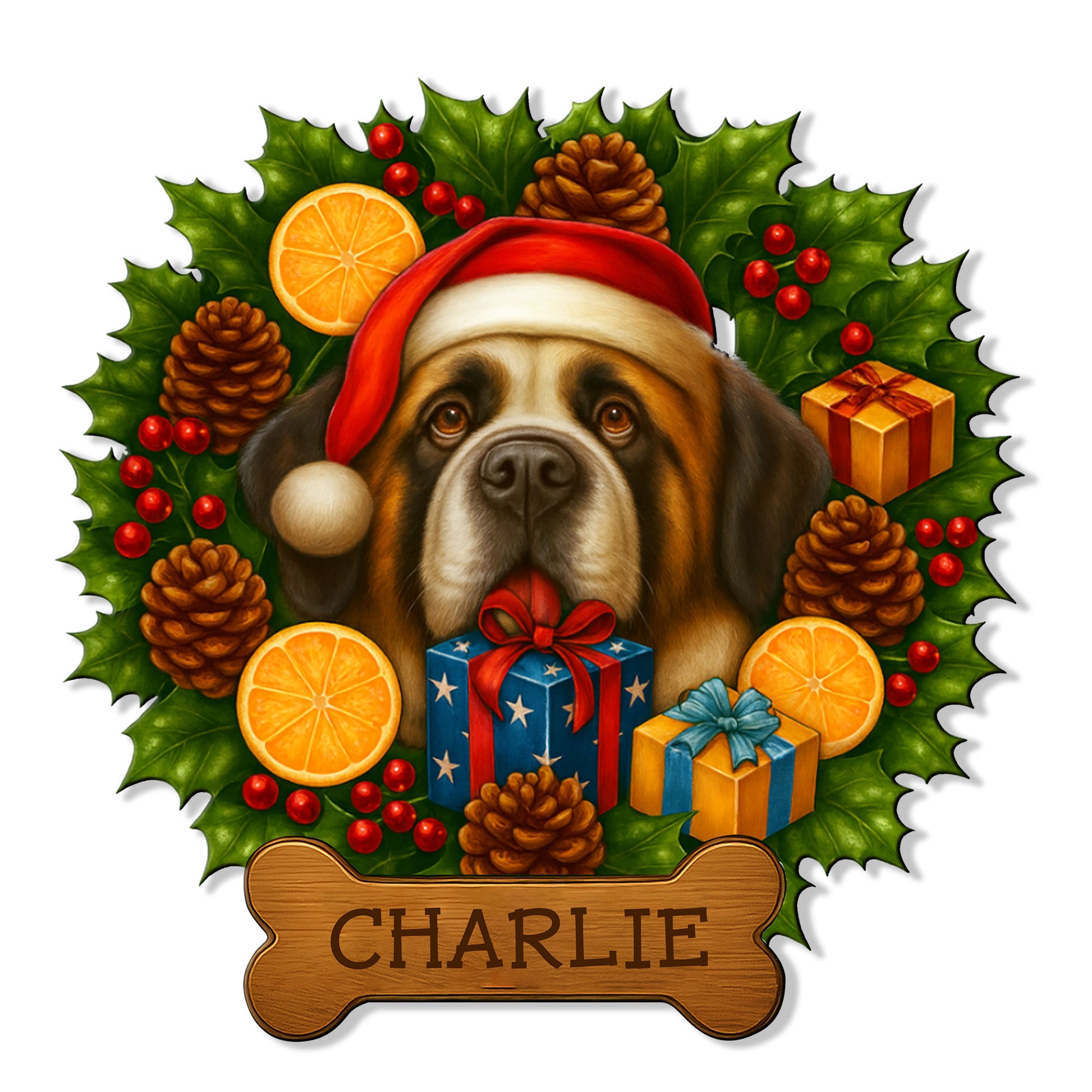 Custom Saint Bernard metal sign featuring a festive dog in a Santa hat, surrounded by holly, gifts, oranges, and pinecones