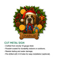 Saint Bernard Christmas metal sign shown with product feature information for indoor or outdoor wall display