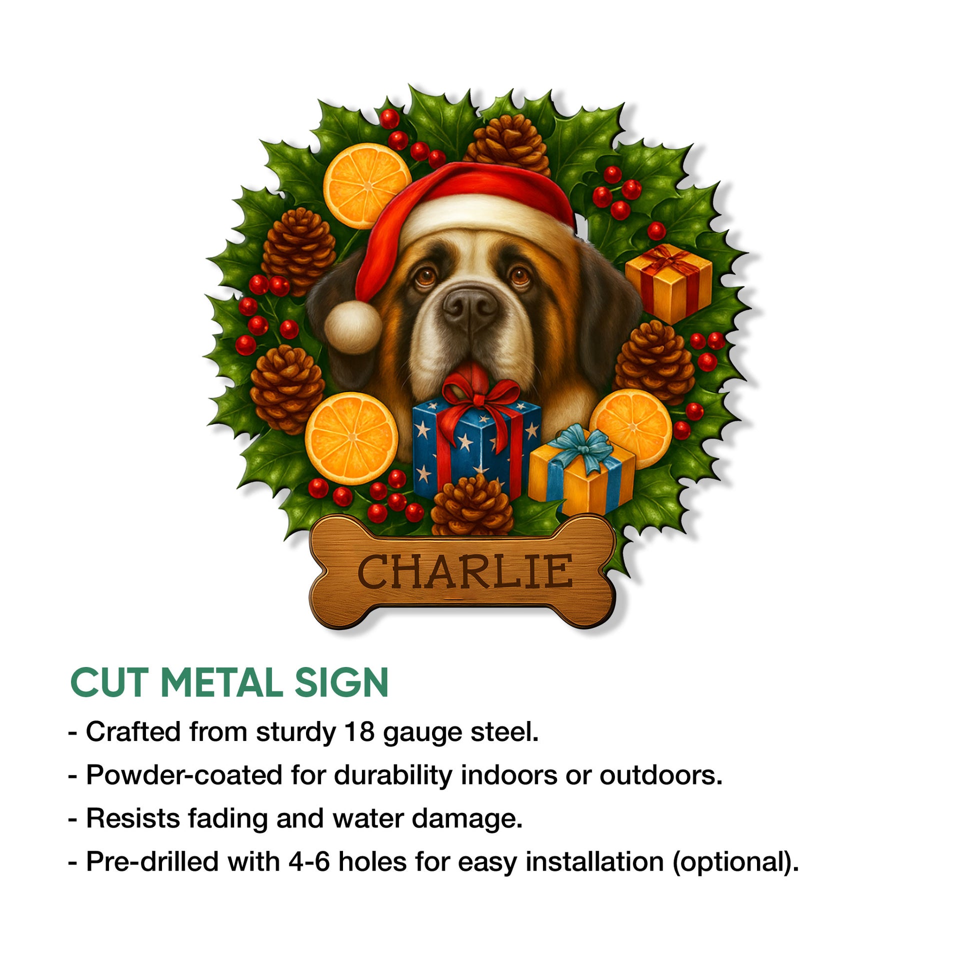 Saint Bernard Christmas metal sign shown with product feature information for indoor or outdoor wall display