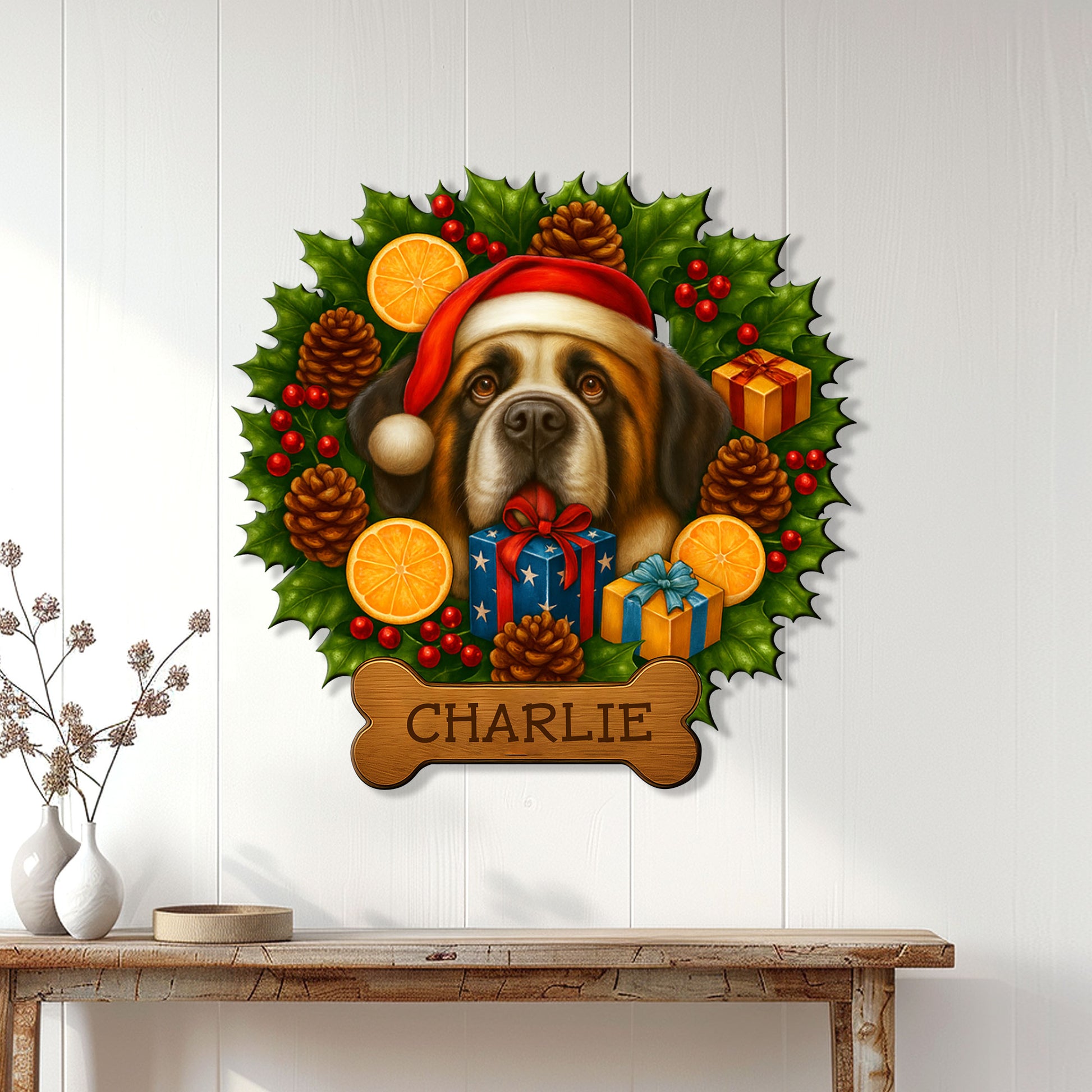 Saint Bernard holiday metal sign displayed on a white paneled wall above a console table