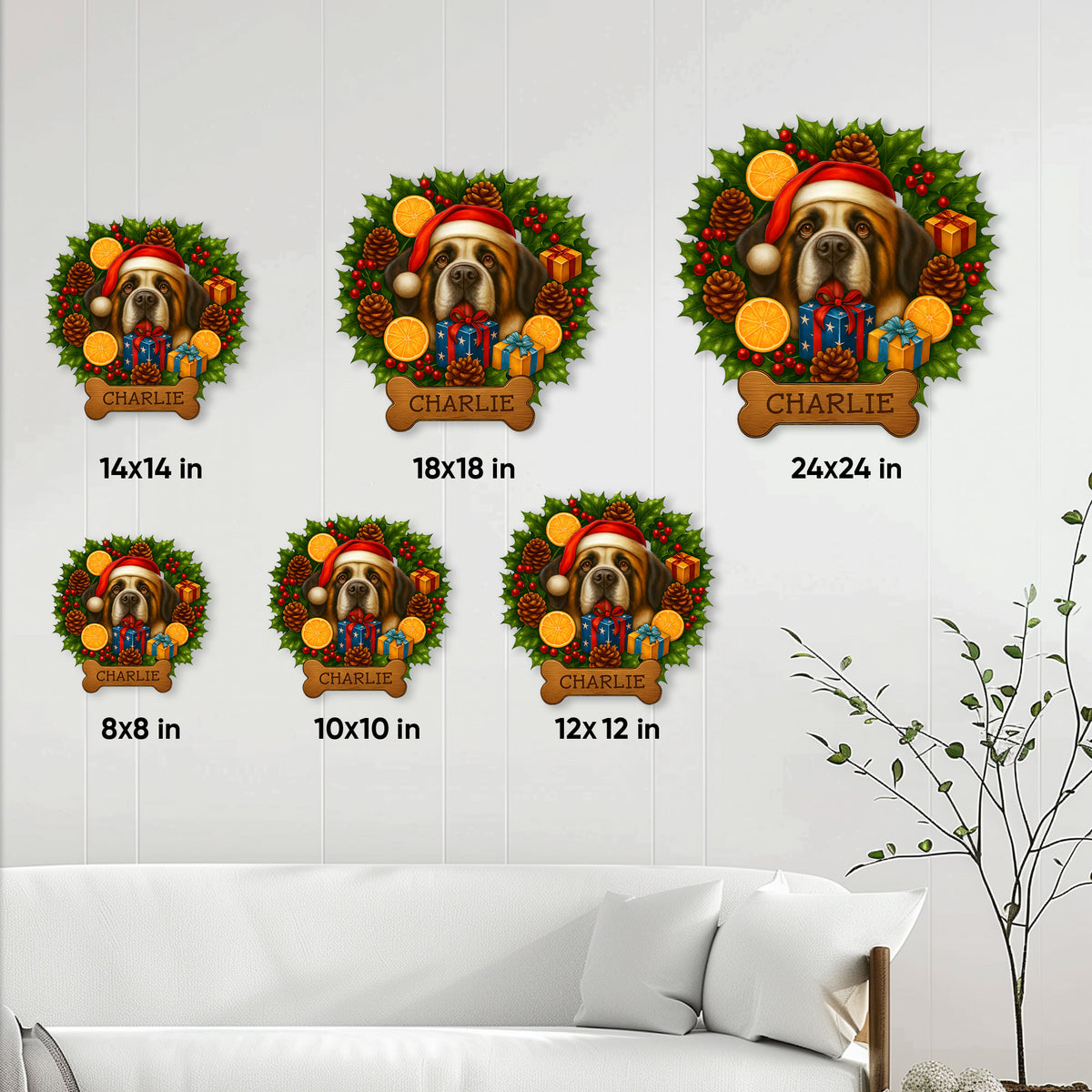Saint Bernard Christmas sign size guide showing available square sizes from 8 by 8 to 24 by 24 inches