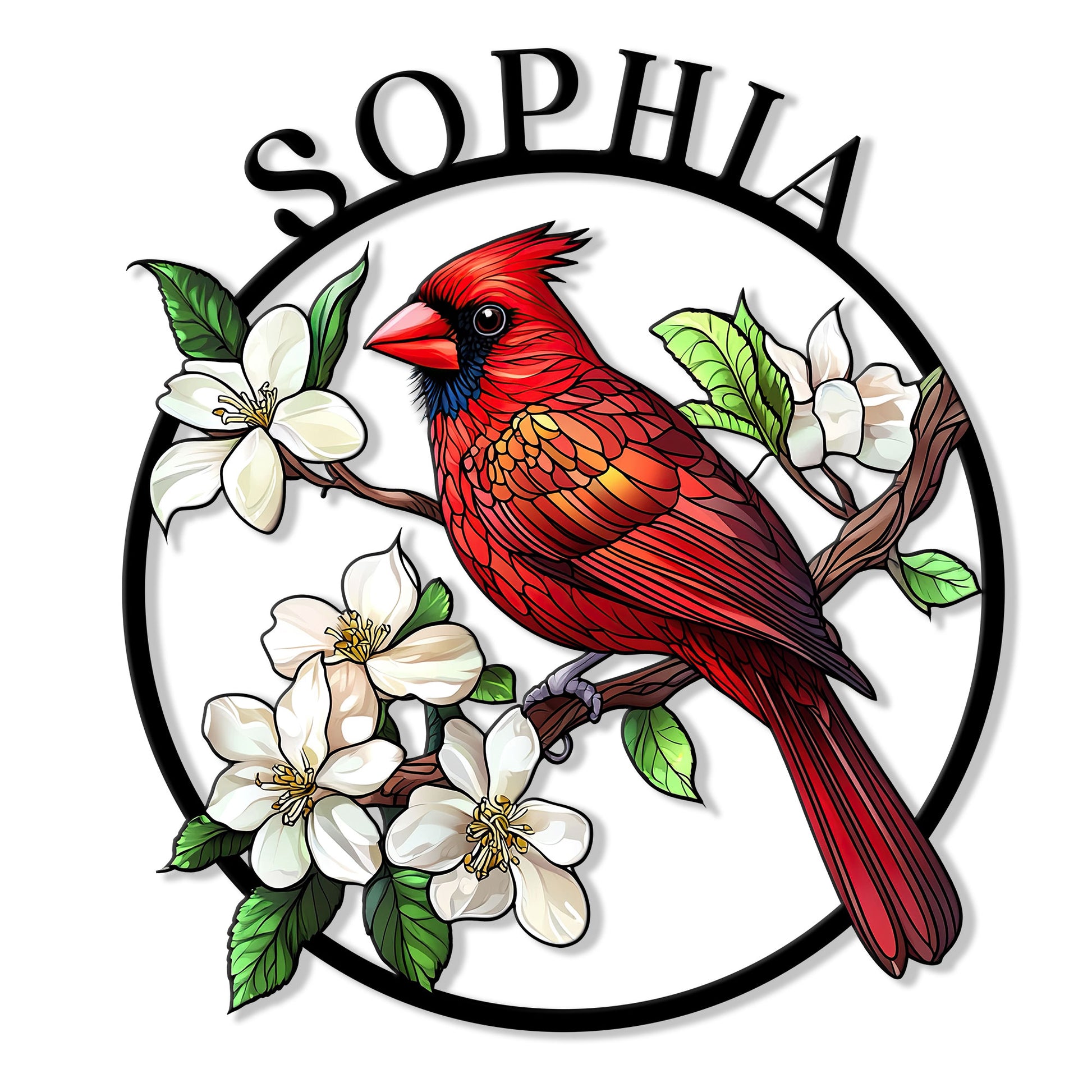 Colorful cardinal bird metal sign with white flowers, green leaves, and a circular black frame