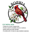 Cardinal bird cut metal sign featuring red plumage, flowering branches, and product feature details