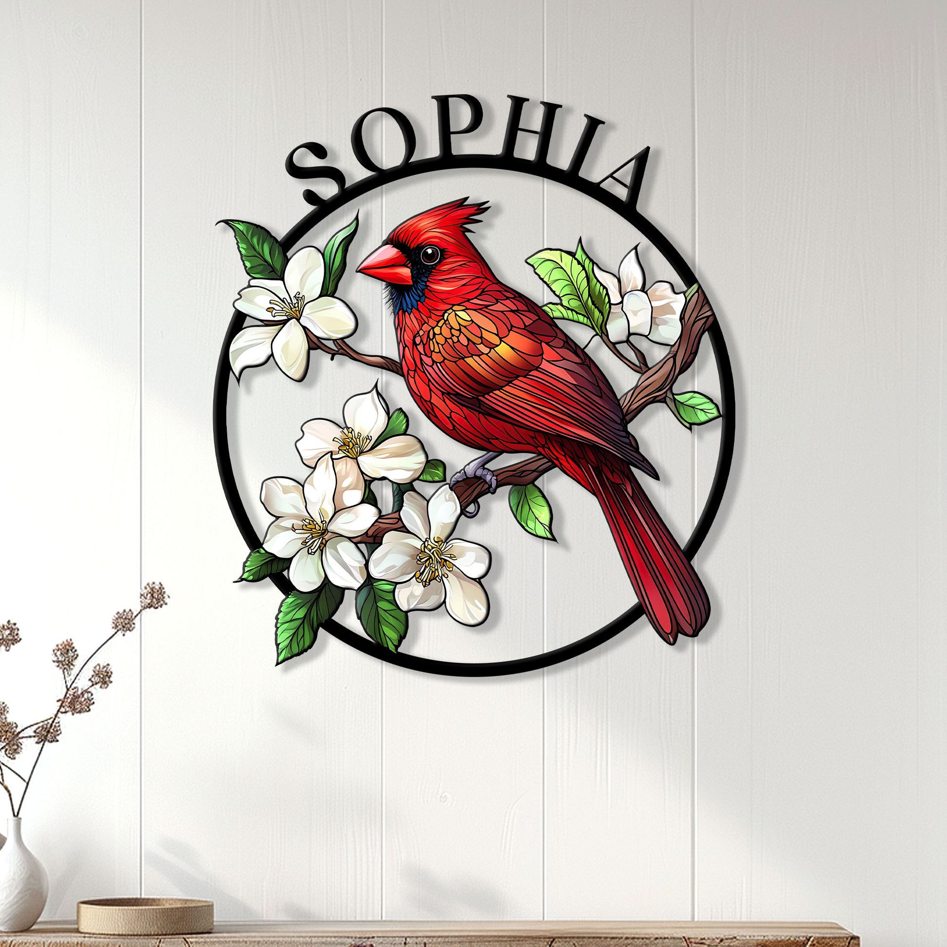 Cardinal wall sign displayed on a light wood-paneled wall above a console table