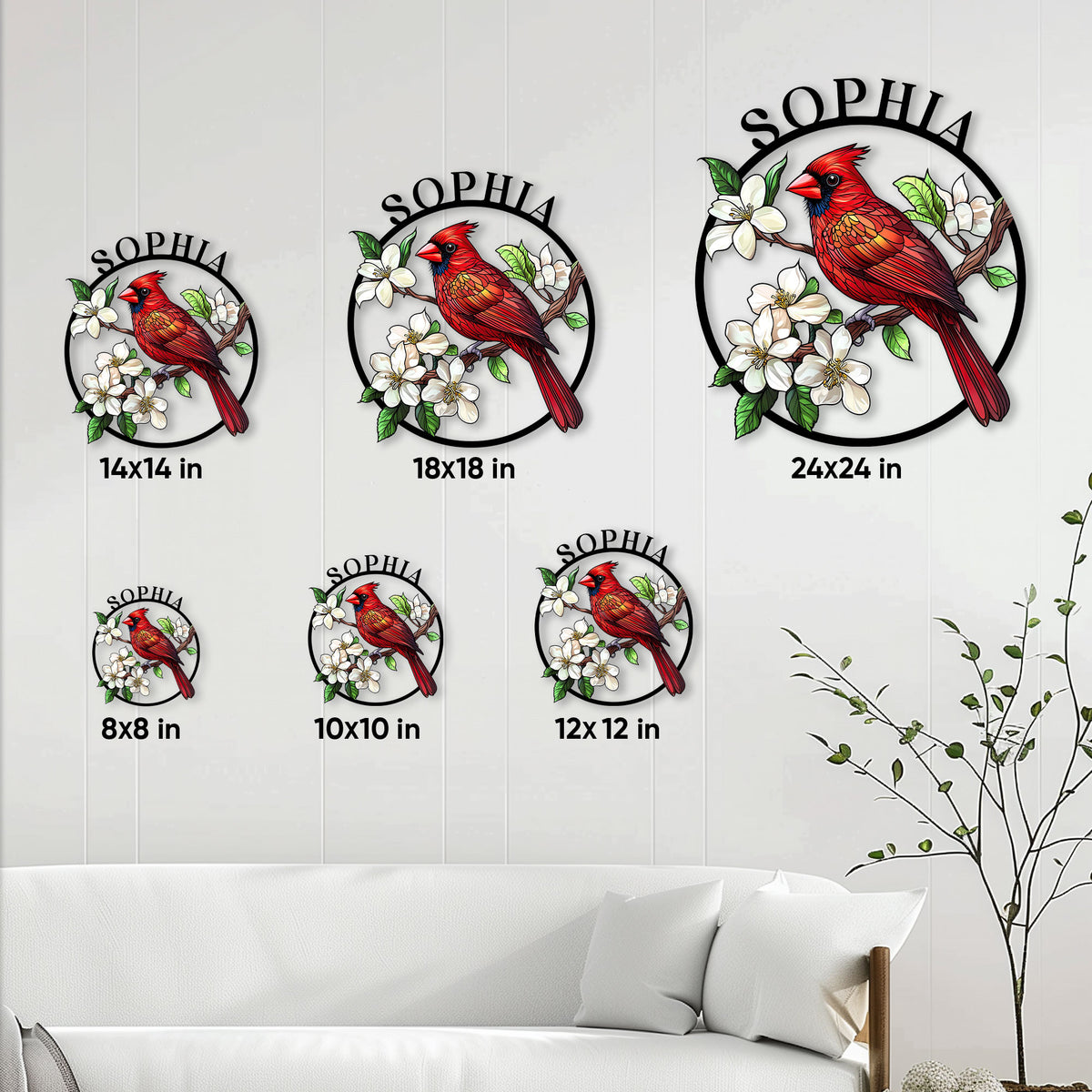 Cardinal metal sign size guide showing options from 8 by 8 inches to 24 by 24 inches