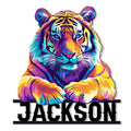 Vibrant multicolor tiger portrait cut metal sign with bold black base and custom design