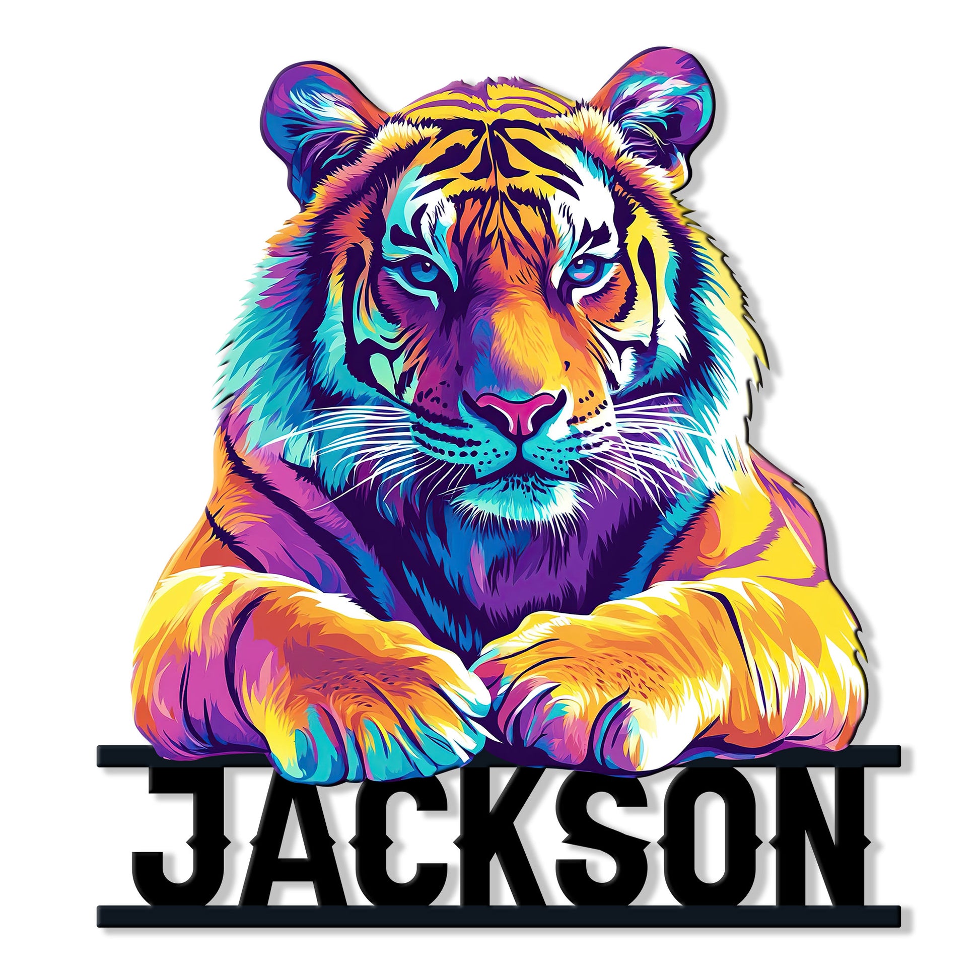 Vibrant multicolor tiger portrait cut metal sign with bold black base and custom design