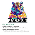Colorful tiger cut metal sign shown with product feature details for indoor and outdoor decor