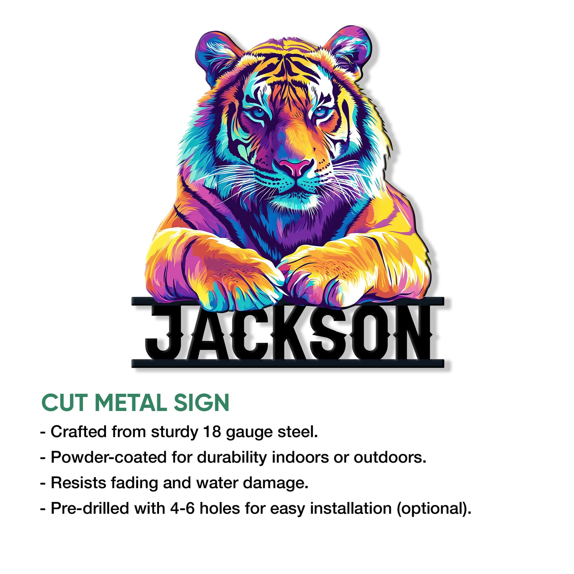 Colorful tiger cut metal sign shown with product feature details for indoor and outdoor decor