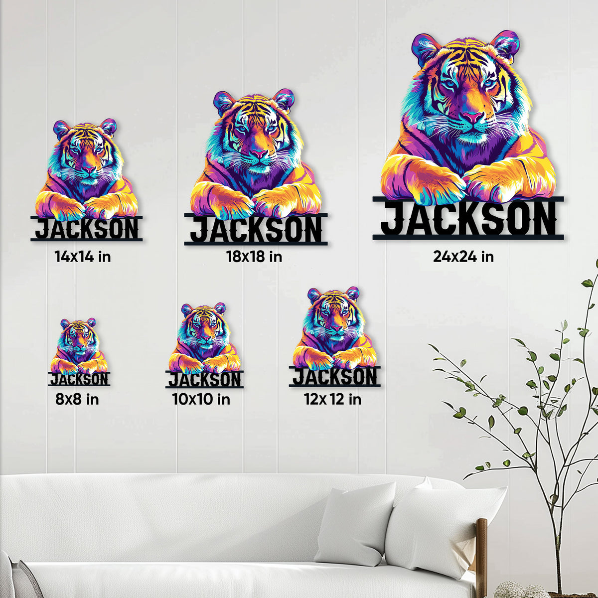Tiger metal sign size guide showing six square options from 8 by 8 to 24 by 24 inches