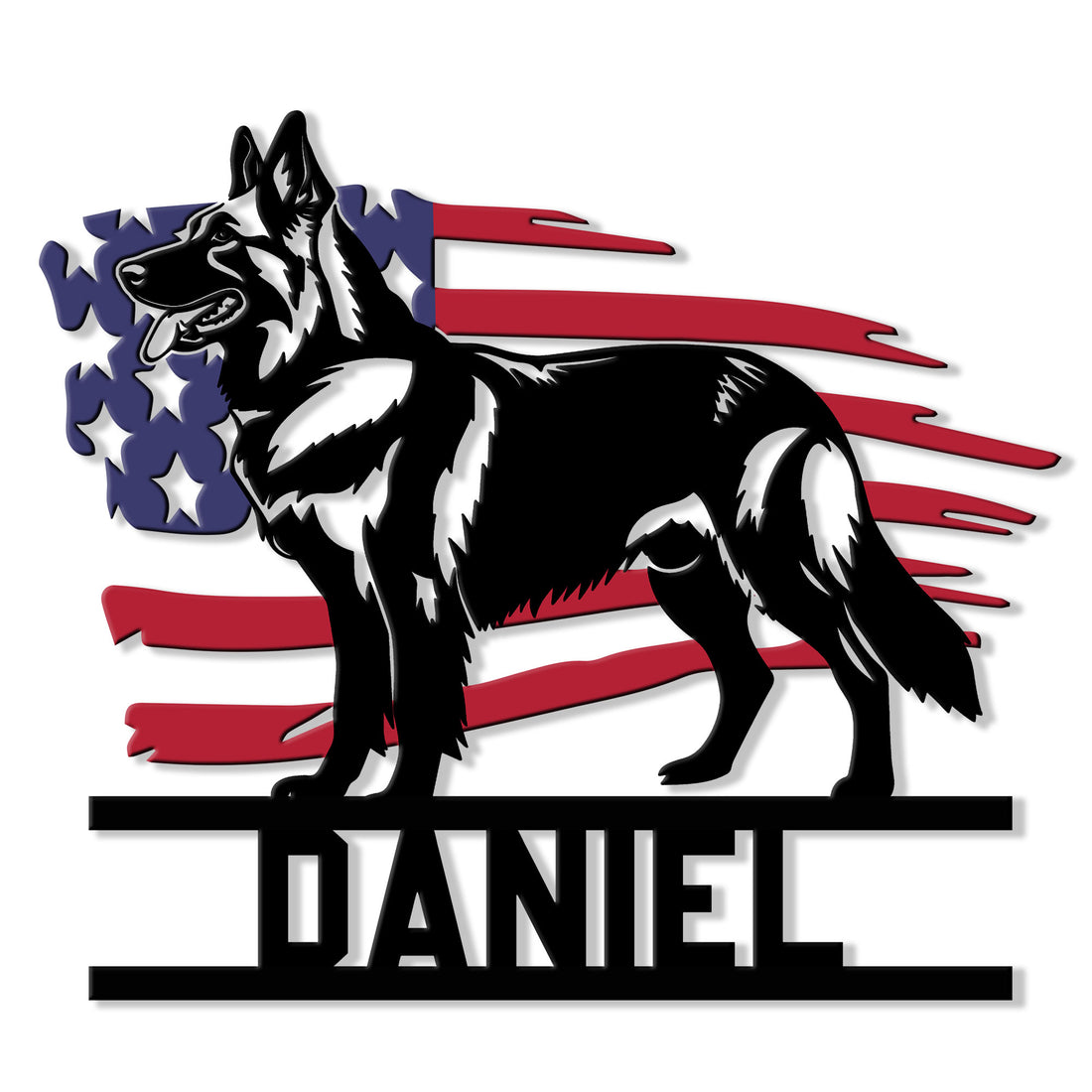 German Shepherd metal sign featuring a bold black-and-white dog over a patriotic American flag design