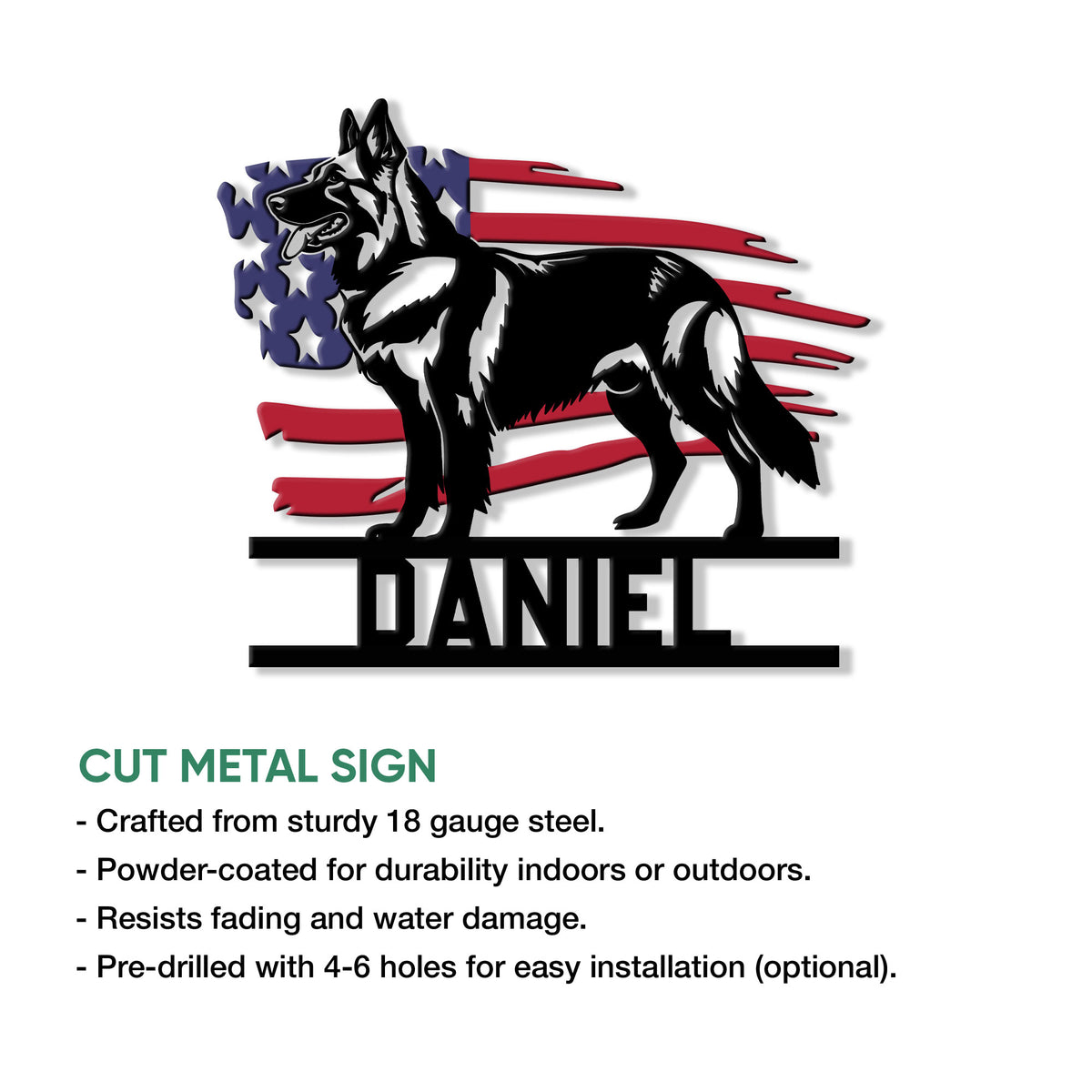 German Shepherd metal sign feature graphic showing the cut-metal design and product presentation details