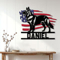 German Shepherd wall sign displayed above a console table in a bright modern home interior