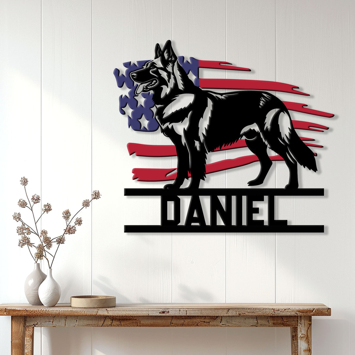 German Shepherd wall sign displayed above a console table in a bright modern home interior