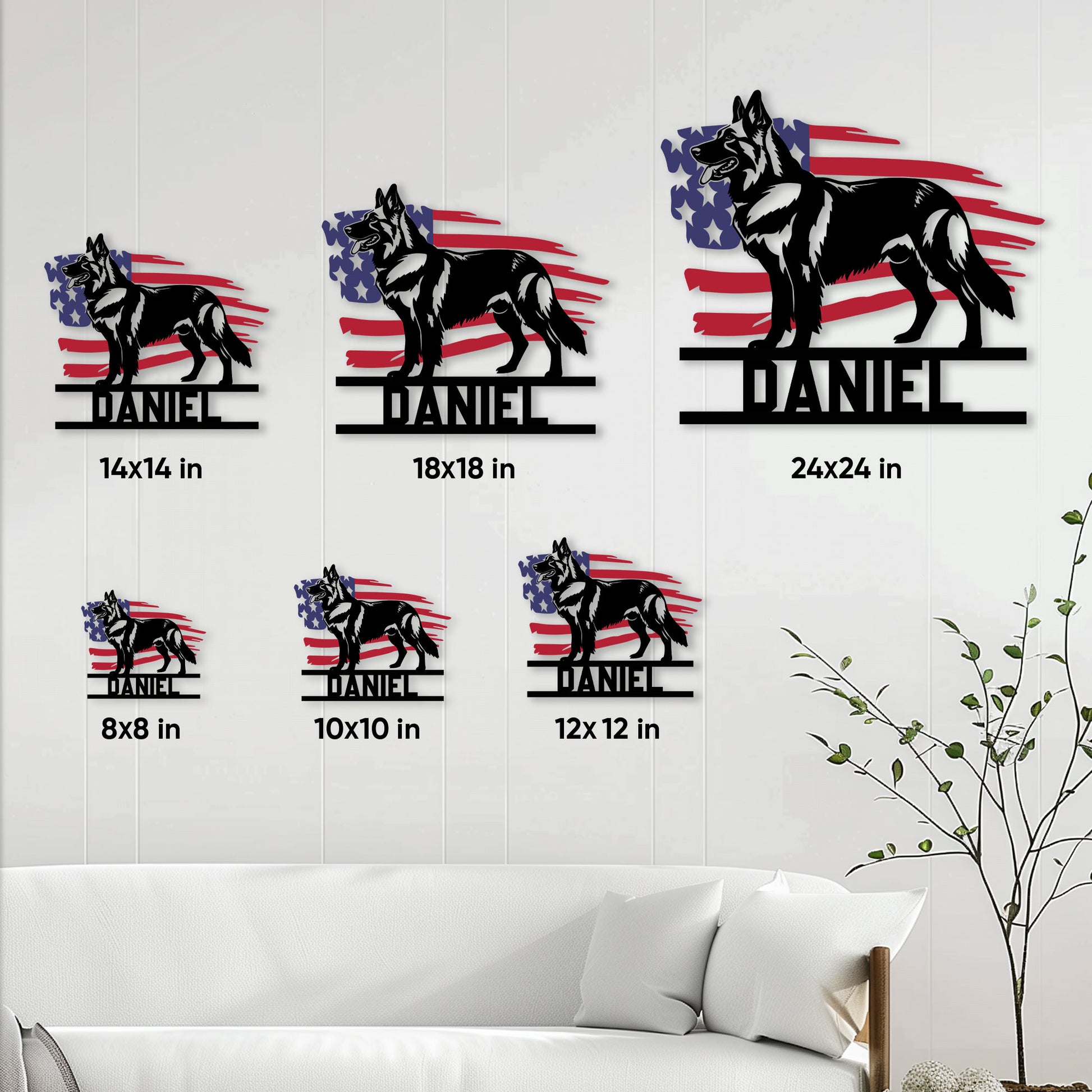 German Shepherd metal sign size guide showing six available square size options on a living room wall