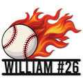 Flaming baseball metal sign featuring a bold baseball and vivid red and orange flames