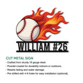 Flaming baseball cut metal sign shown with product feature details and installation options