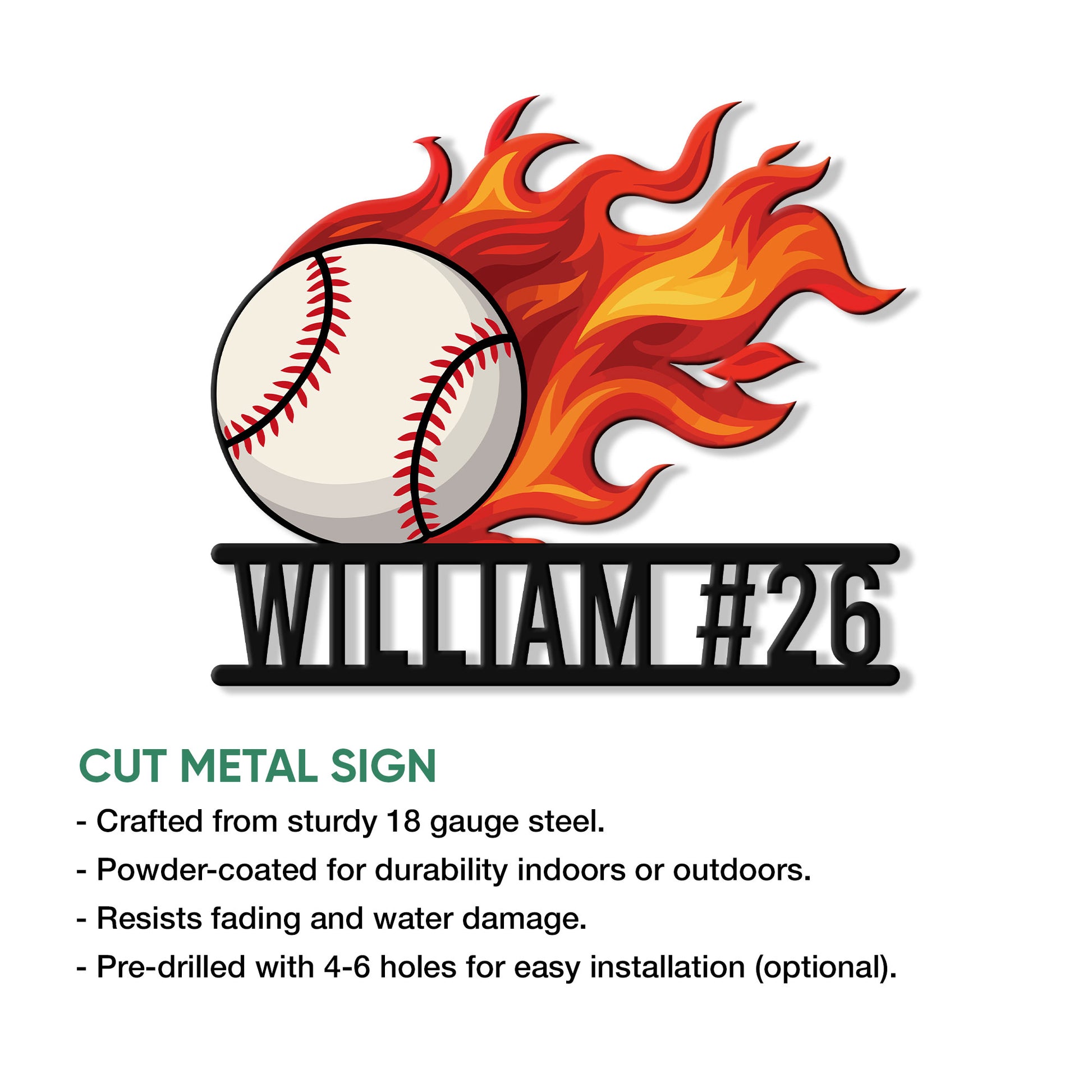 Flaming baseball cut metal sign shown with product feature details and installation options