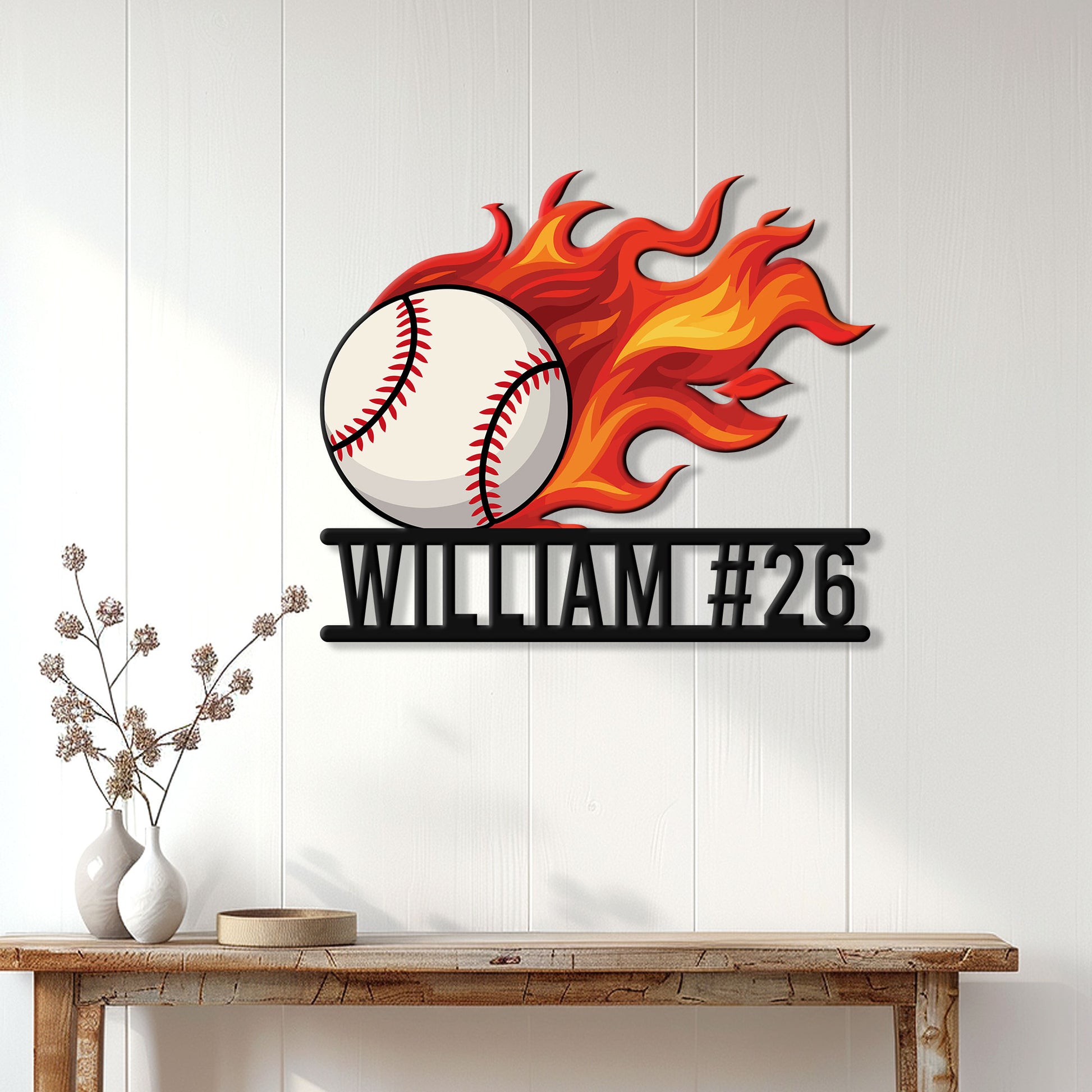 Flaming baseball metal sign displayed as sporty wall decor above a wood console table