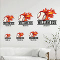 Flaming baseball metal sign size guide showing available dimensions from 8 by 8 to 24 by 24 inches